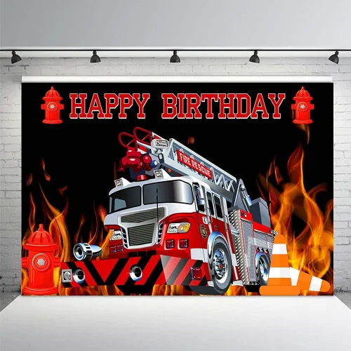 Miniatura 2 de MEHOFOND Telón de fondo de cumpleaños para camión de bomberos de 7 x 5 pies, decoración de fiesta de cumpleaños, accesorios para cabina de fotos
