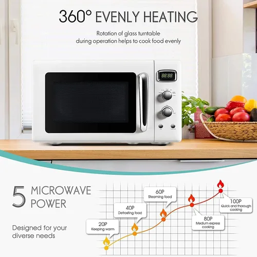 Miniatura 5 de Horno microondas retro para encimera, SIMOE Horno microondas compacto 0.9 pies cúbicos con bloqueo para niños, 5 niveles de potencia, descongelación