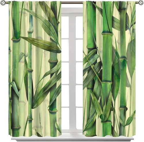 Miniatura 8 de Cortinas con estampado de bambú verde natural, plantas asiáticas, japonesas, tallos rústicos, hojas, cortina de selva con bolsillo para cortinero