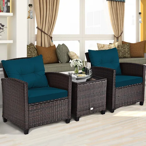 Miniatura 8 de RELAX4LIFE Juego de muebles de patio de 3 piezas, juego de conversación de mimbre con 2 sillones acolchados y mesa con tapa de cristal, juego