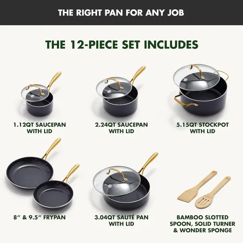 Miniatura 3 de GreenPan Juego de 12 piezas de ollas y sartenes antiadherentes Swift, ollas y sartenes de cerámica sin PFAS con tapas, apto para lavavajillas y Negro