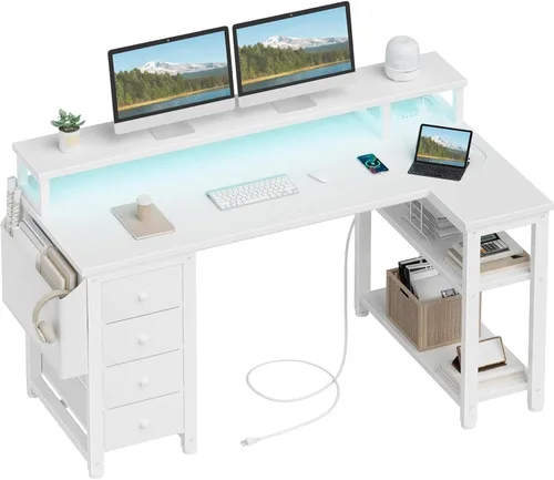 Lufeiya Escritorio en forma de L con luces LED y tomas de corriente, escritorio de 47 pulgadas para computadora de estudio, escritorio de juegos con