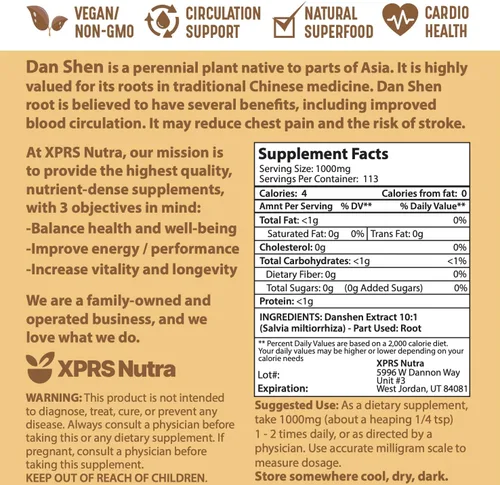 Miniatura 7 de XPRS Nutra Dan Shen Extracto de raíz en polvo 10:1 - Polvo concentrado de alta calidad Dan Shen (salvia roja) - Danshen vegano (4 onzas)