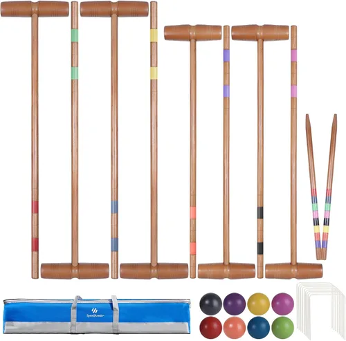 Miniatura 7 de SpeedArmis Juego de croquet para adultos – Kit de croquetas para 8 jugadores con regulación de 32 pulgadas, mazos de madera de goma