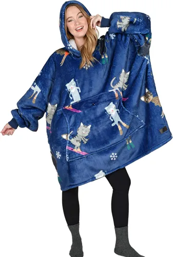 Catalonia Sudadera extragrande tipo manta con capucha, sudadera de sherpa portátil para adultos, hombres y mujeres Gato Esquí Azul