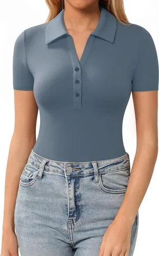Miniatura 13 de HERLOLLYCHIPS Womens Short Sleeve Tops V Neck Button Down Collared Fitted Shirts