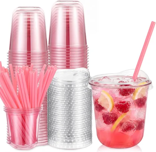 Miniatura 14 de Ziliny Juego de 25 vasos de plástico transparente con pajitas rosas en forma de corazón y tapas sin popote, vasos desechables para mascotas de fondo