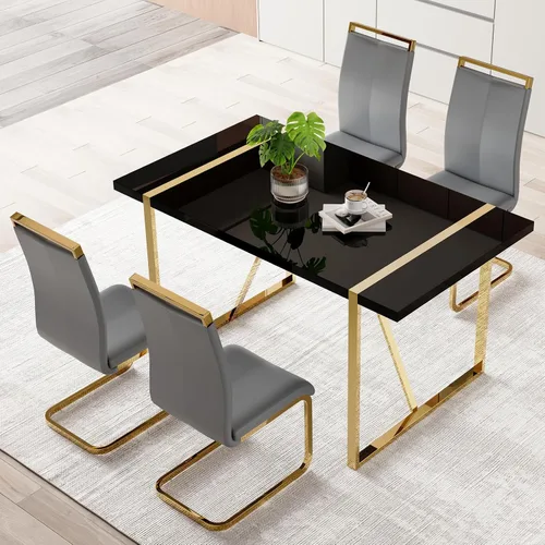 Miniatura 13 de Mesa de comedor Ebullient para 4, mesa de comedor rectangular negra de MDF, tapa de mesa de cena de mármol falso, mesa de comedor moderna con marco