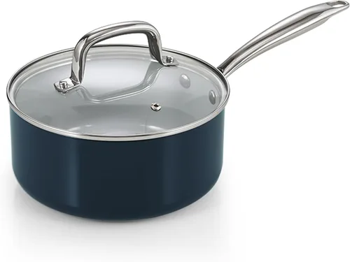 Cook N Home Sartén antiadherente clásica con tapa de vidrio, cacerola anodizada dura de cerámica antiadherente con mango que se mantiene fresco, Azul