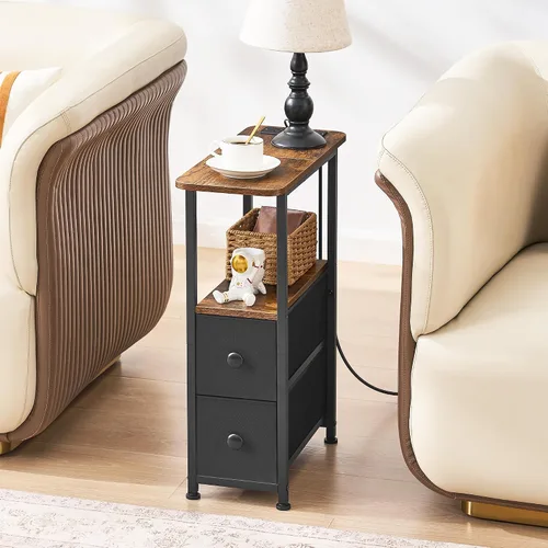 Miniatura 7 de DALEMHOME Mesa auxiliar estrecha con estación de carga, mesa auxiliar estrecha con cajón, mesita de noche pequeña con luz LED, mesita de noche Negro