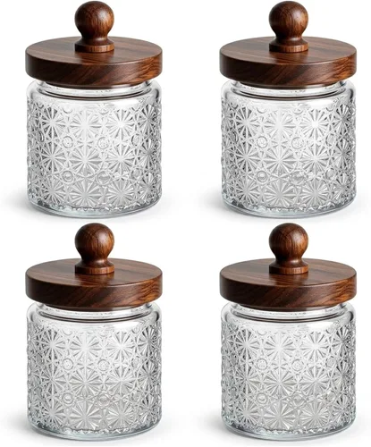Tarros de vidrio vintage con tapas y asas de madera herméticas, juego de 4 tarros de café, botes de té, tarros de caramelo para harina, azúcar,