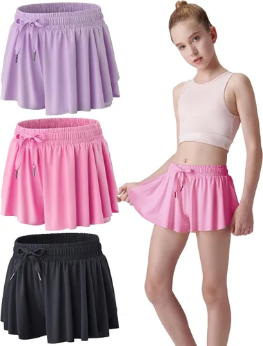 Miniatura 82 de Paquete de 3 pantalones cortos fluidos para niñas con forro de elastano, 2 en 1, faldas de mariposa para jóvenes, para fitness, correr, deportes