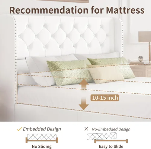 Miniatura 6 de BRELTAM Marco de Cama Tamaño Queen con Cajones de Almacenamiento y Cabecero Wingback Tapizado en Terciopelo Marco de Cama Plataforma Camas Blanco