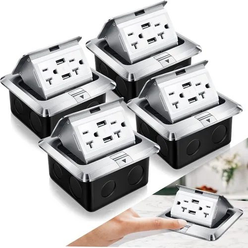 Miniatura 15 de Hoolerry Kit de 1 caja de cubierta de toma de corriente eléctrica de piso desplegable con cargador USB de 4.8 A, 20 amperios, impermeable