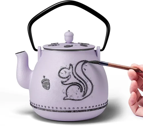 Miniatura 11 de Toptier - Tetera de hierro fundido, hervidor de té seguro para estufa japonés de hierro fundido, tetera de diseño de diamante con infusor removible