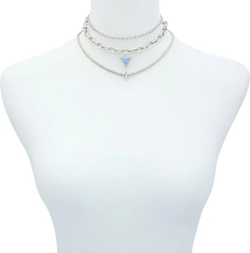 Miniatura 2 de GUESS Silvertone - Collar con cadena en V de 3 piezas, Metal, Piedra de vidrio