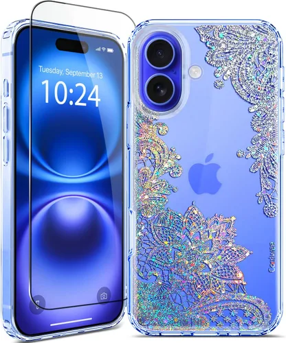 Miniatura 27 de Funda para iPhone 16, con protector de pantalla, linda para mujeres y niñas, funda protectora de grado militar de 10 pies para iPhone 16, funda