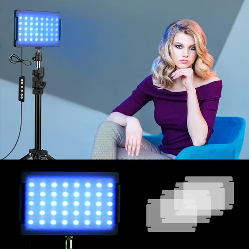 Miniatura 7 de Paquete de 2 luces LED RGB para video con soporte de trípode ajustable/filtros blancos, kit de iluminación de videoconferencia USB regulable de 2500