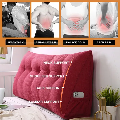 Miniatura 3 de Almohada triangular grande para cabecero de lectura, almohada de lino y algodón para sofá cama, cojín de apoyo de posicionamiento con funda Rojo