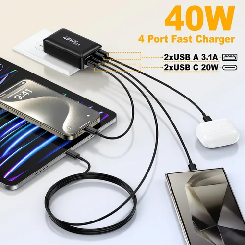 Miniatura 2 de Bloque de cargador USB C, 40 W, plano de 4 puertos, enchufe de pared USB de doble PD QC, adaptador de corriente de viaje de carga rápida multipuerto