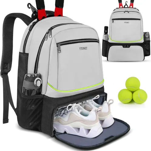 Ytonet Tennis Bag Tennis Backpack for Women Men 2 Rackets with Insulated Pocket Ventilated Shoe Compartment Gris