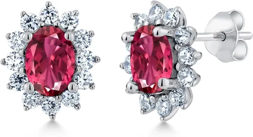 Miniatura 288 de Gem Stone King Aretes ovalados de plata de ley 925 de 0.276 x 0.197 in con piedra natal de la princesa Diana, estilo halo real para mujeres