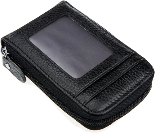 RFID mini organizador de tarjetas de crédito, cuero auténtico, billetera compacta con visor de identificación, S, Negro