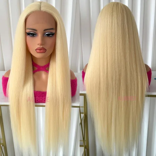 Miniatura 8 de Aubree Peluca de encaje frontal rubio 613, cabello largo y lacio, resistente al calor, fibra rubia, pelucas sintéticas sin pegamento, predepiladas