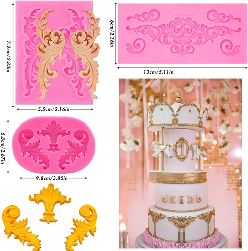 Miniatura 3 de Rainmae 5 moldes de silicona de estilo barroco para fondant de encaje de voluta, molde de encaje de flores de alivio, molde de filigrana esculpido
