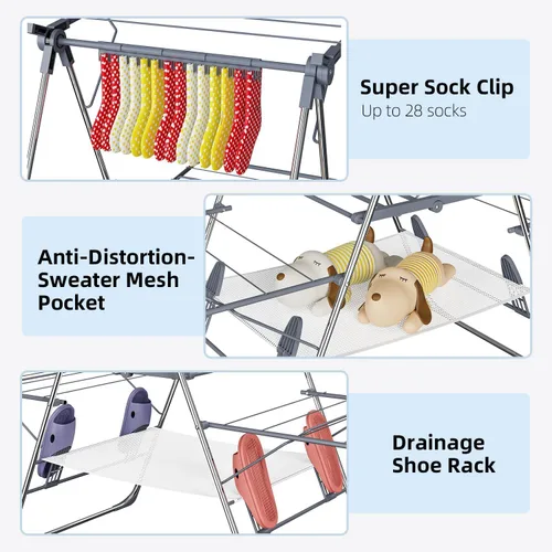 Miniatura 7 de Tendedero de Ropa Plegable de 2 Niveles para Secar Ropa, Tendedero de Acero Inoxidable Plegable para Interiores y Exteriores, con Alas de Altura