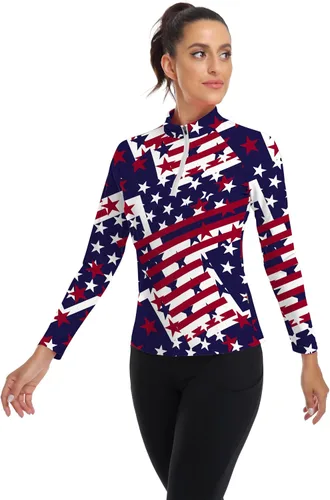Miniatura 17 de WOWENY Camiseta deportiva de manga larga para mujer, con cremallera de un cuarto, cuello para entrenamiento, camiseta de tenis con estampado