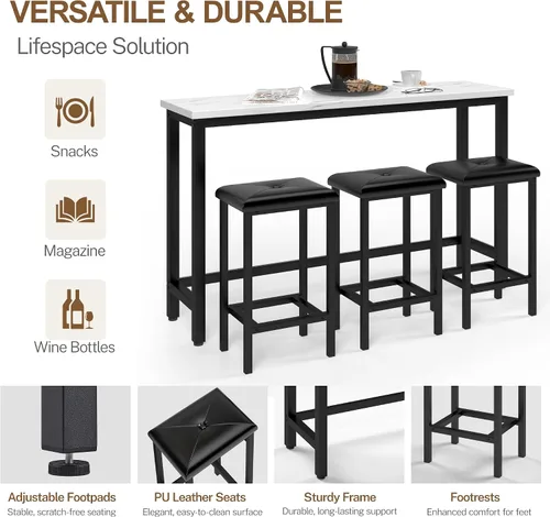 Miniatura 4 de Juego de mesa de bar para 3, juego de mesa de mármol sintético de 60.2 pulgadas detrás del sofá, moderna mesa de sofá con 3 taburetes tapizados