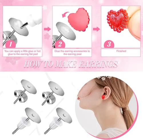 Miniatura 4 de TOAOB - 300 postes y respaldos de aretes de acero inoxidable plateado, hipoalergénicos, de 0.394 pulgadas, con goma transparente y parte trasera