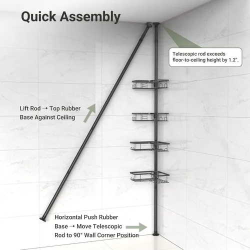 Miniatura 8 de ViviDreamore Poste de tensión de esquina para ducha, organizador de ducha de baño de acero inoxidable de 4 niveles, estantes de ducha ajustables