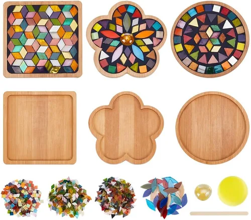 WEBEEDY Juego de 3 posavasos de mosaico para manualidades, kits de mosaico de colores mixtos de vidrio con posavasos de bambú para adultos,