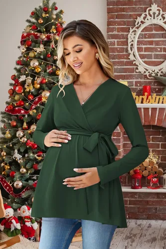 Miniatura 3 de OUGES Túnicas de maternidad para mujer, camisas de manga larga, cuello en V, ropa de maternidad de enfermería, blusa casual de embarazo