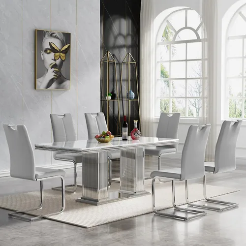 Miniatura 20 de Juego de mesa de comedor de 5 piezas, moderno juego de mesa de comedor para 4, 70 pulgadas, juego de mesa de comedor de mármol sintético blanco