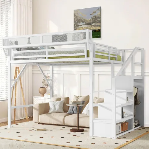 Miniatura 15 de Cama tipo loft de tamaño matrimonial con escaleras de almacenamiento integradas, armario, marco de cama alta de metal con barandilla lateral