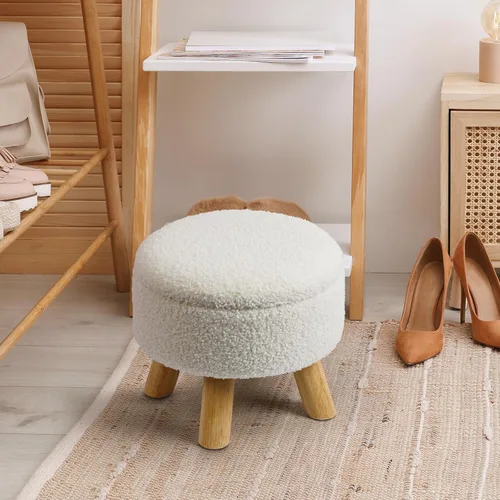Miniatura 2 de OGEMXU Reposapiés otomano, otomana redonda pequeña con almacenamiento, taburete Boucle de terciopelo con patas de madera, otomana de almacenamiento