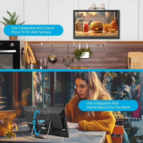 Miniatura 5 de Feihe Televisor de cocina pequeño de 15.6 pulgadas con sintonizador ATSC/HDMI/USB/AV, soporte de acero de TV integrado y control remoto