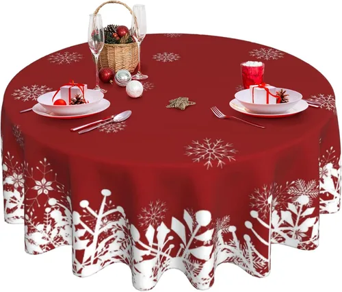 Miniatura 28 de Mantel redondo de Navidad con diseño de copos de nieve de Navidad para cocina, comedor, decoración de mesa de poliéster lavable para mesa de bufé
