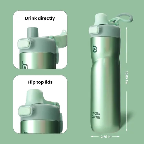 Miniatura 4 de BOTTLE BOTTLE Botella de agua aislada de 24 onzas con asa y tapas abatibles, botella de agua de acero inoxidable con botón de presión, tapa a prueba