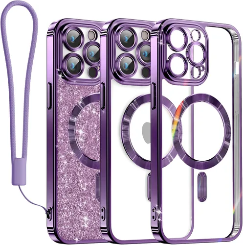 Miniatura 24 de Meifigno Candy Mag Series - Funda diseñada para iPhone 15 Pro, compatible con MagSafe, tarjeta con purpurina y correa de muñeca, protección completa