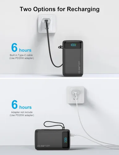 Miniatura 6 de Cargador portátil, 27000 mAh 22.5 W, cargador de batería de carga rápida con cable integrado, batería USB C con pantalla LED / luz flash, cargador