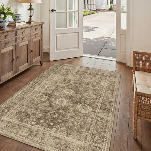 Miniatura 50 de Alfombra de área marrón lavable de 2 x 3 pies, alfombra vintage para entrada y cocina, antideslizante, suave, de pelo bajo desgastado, alfombra