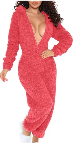 Miniatura 3 de Pijama sexy de una pieza para mujer, con solapa en el trasero, de forro polar, con capucha, para mujer, ropa de dormir esponjosa