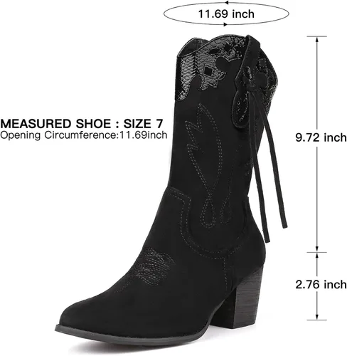 Miniatura 7 de SHIBEVER Botas vaqueras vaqueras para mujer botas occidentales negras para mujer, tacón alto, gamuza, cremallera, media pantorrilla