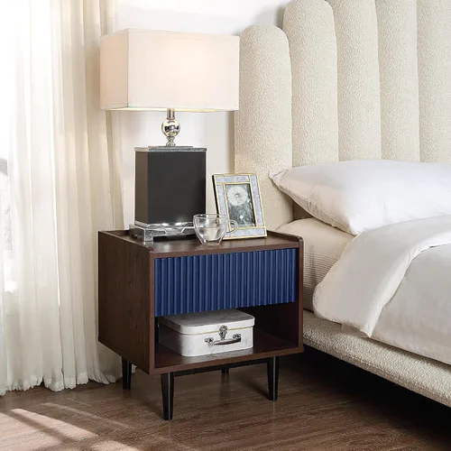 Miniatura 12 de Manhattan Comfort Duane Mesita de noche acanalada con cajón de extensión completa y estante abierto, patas de acero, mesita de noche, mesa de acento