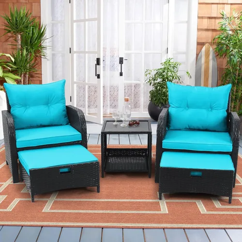 Miniatura 12 de Sillas de mimbre para patio al aire libre de 5 piezas con otomanas, juego de conversación de ratán PE para todo tipo de clima, juego de muebles