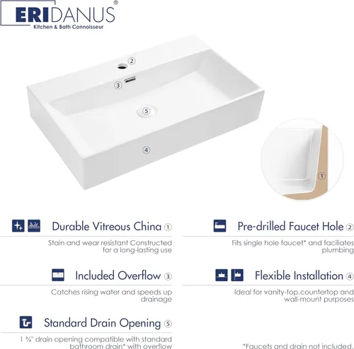 Miniatura 4 de Eridanus Lavabo de Baño 30" x 16" Lavabo Rectangular de Sobreponer, Montaje en Pared Sobre Mostrador Lavabo de Tocador, Lavabo de Cerámica Blanca